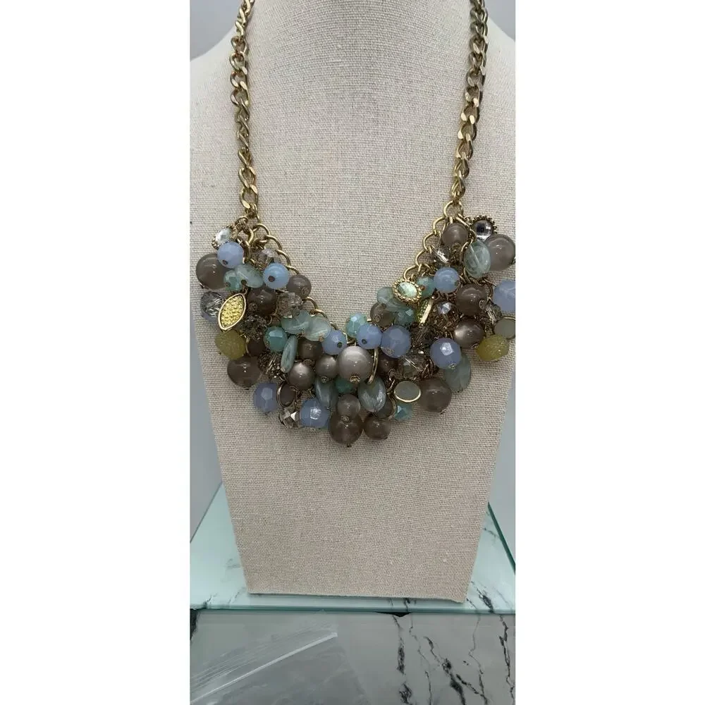 Cha Cha‎ Pastel Blues Grays And Greens Multi Beaded Necklace Statement Fun